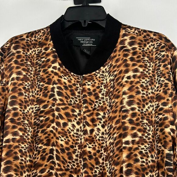 New York City Design Co Silk Satin Leopard Print Jacket Zip Up Brown Size 1X - Picture 2 of 9
